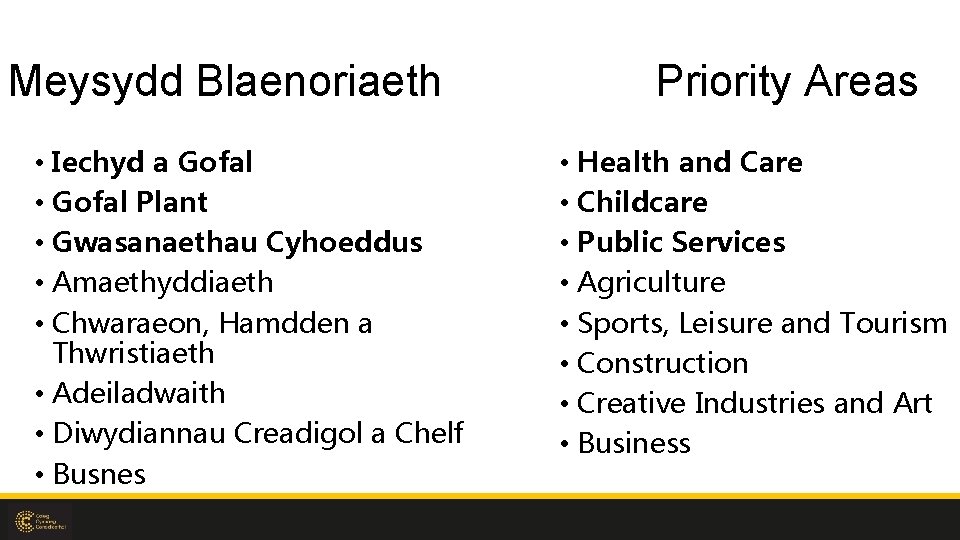 Meysydd Blaenoriaeth • Iechyd a Gofal • Gofal Plant • Gwasanaethau Cyhoeddus • Amaethyddiaeth