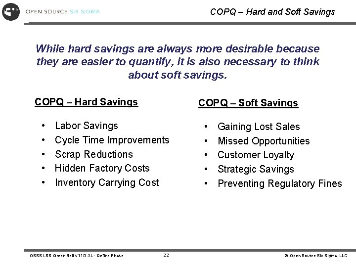 COPQ – Hard and Soft Savings While hard savings are always more desirable because