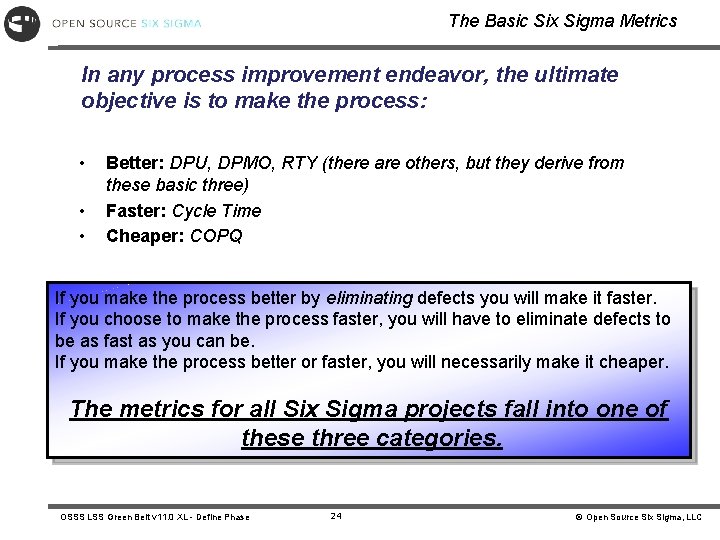 The Basic Six Sigma Metrics In any process improvement endeavor, the ultimate objective is