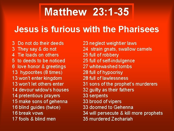 Matthew 23: 1 -35 Jesus is furious with the Pharisees 3 Do not do