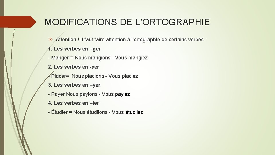 MODIFICATIONS DE L’ORTOGRAPHIE Attention ! Il faut faire attention à l’ortograph. Ie de certains