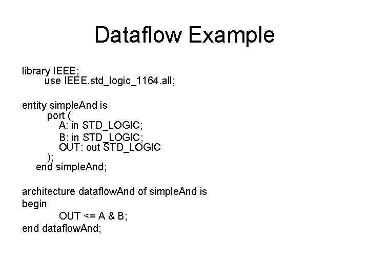 Dataflow Example library IEEE; use IEEE. std_logic_1164. all; entity simple. And is port (