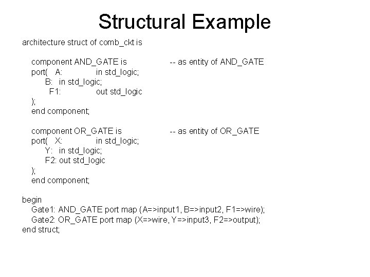 Structural Example architecture struct of comb_ckt is component AND_GATE is port( A: in std_logic;