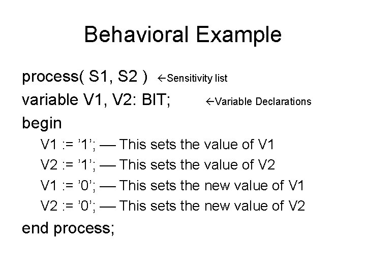 Behavioral Example process( S 1, S 2 ) Sensitivity list variable V 1, V