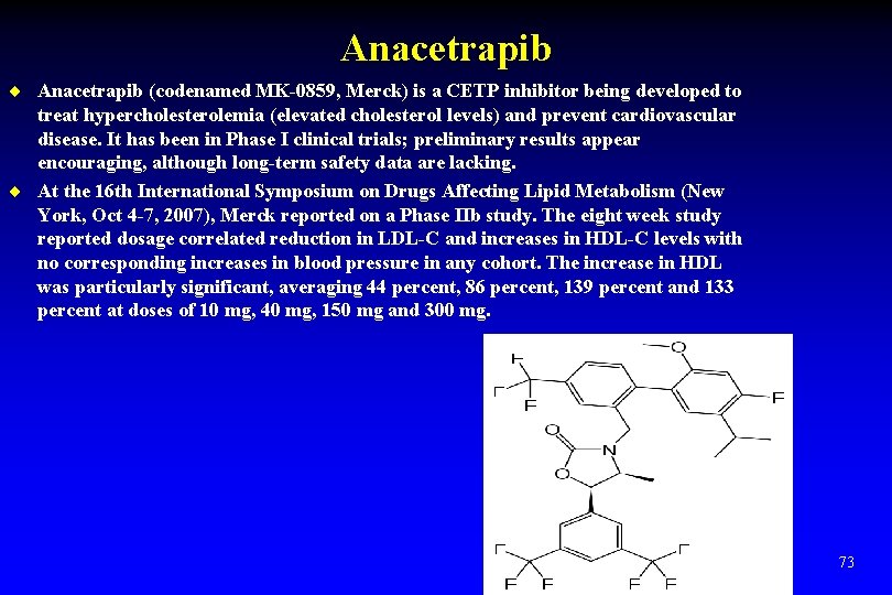 Anacetrapib ¨ Anacetrapib (codenamed MK-0859, Merck) is a CETP inhibitor being developed to treat