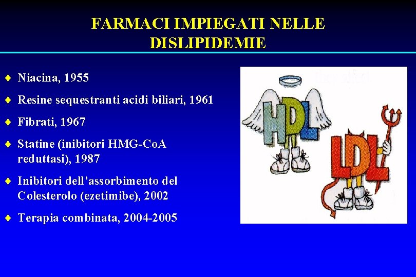 FARMACI IMPIEGATI NELLE DISLIPIDEMIE ¨ Niacina, 1955 ¨ Resine sequestranti acidi biliari, 1961 ¨