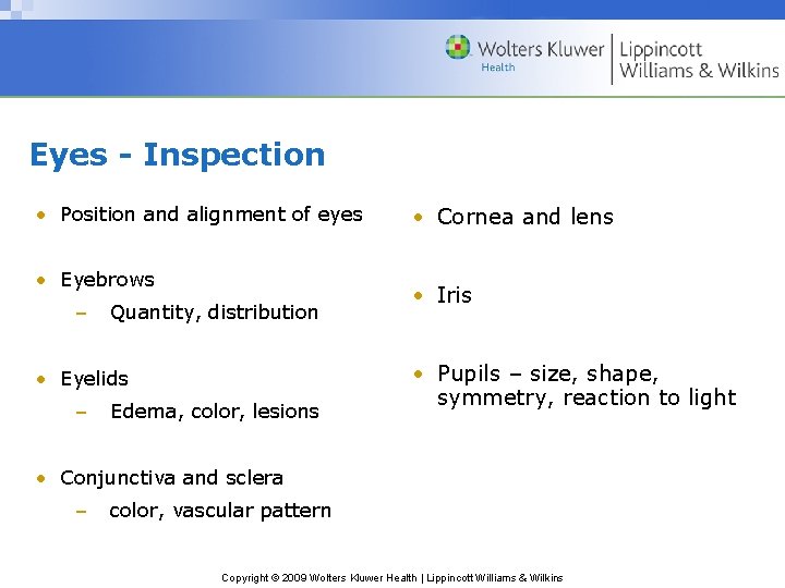 Eyes - Inspection • Position and alignment of eyes • Eyebrows – Quantity, distribution Eyes - Inspection • Position and alignment of eyes • Eyebrows – Quantity, distribution