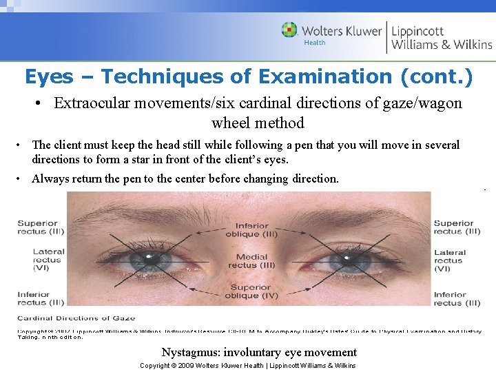 Eyes – Techniques of Examination (cont. ) • Extraocular movements/six cardinal directions of gaze/wagon Eyes – Techniques of Examination (cont. ) • Extraocular movements/six cardinal directions of gaze/wagon