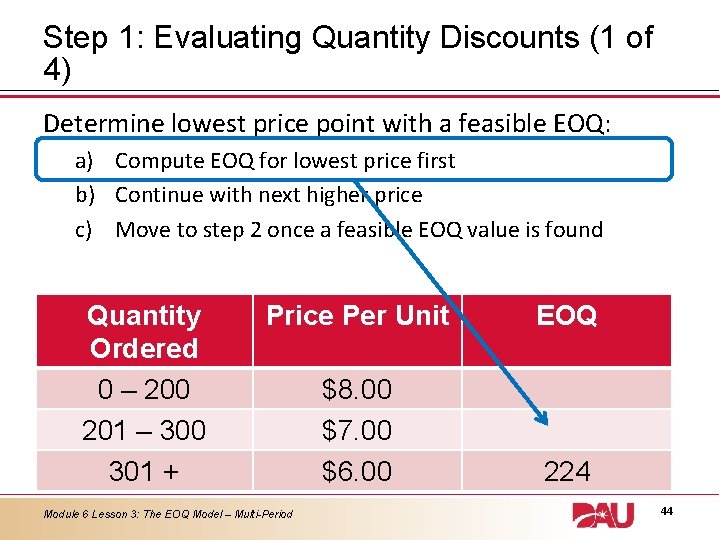 Step 1: Evaluating Quantity Discounts (1 of 4) Determine lowest price point with a