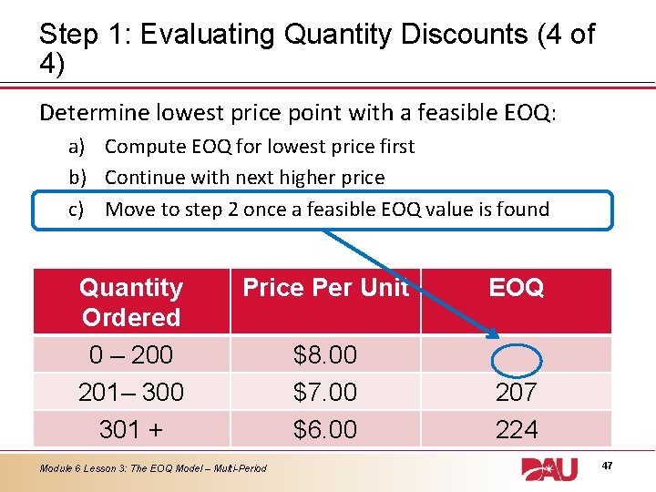 Step 1: Evaluating Quantity Discounts (4 of 4) Determine lowest price point with a