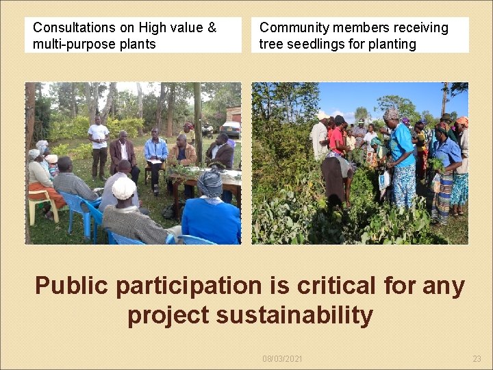 Consultations on High value & multi-purpose plants Community members receiving tree seedlings for planting