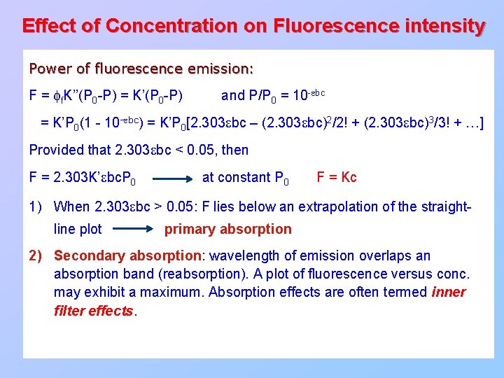 Effect of Concentration on Fluorescence intensity Power of fluorescence emission: F = ff. K’’(P