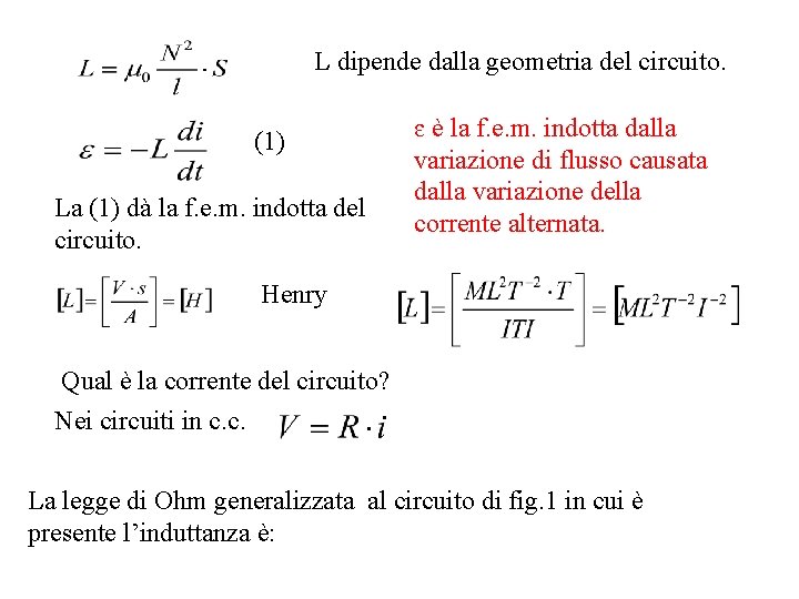 L dipende dalla geometria del circuito. (1) La (1) dà la f. e. m. L dipende dalla geometria del circuito. (1) La (1) dà la f. e. m.