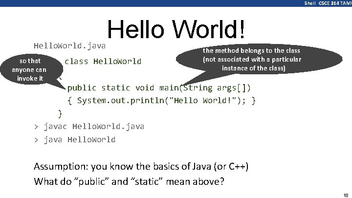 Shell CSCE 314 TAMU Hello. World. java so that anyone can invoke it Hello