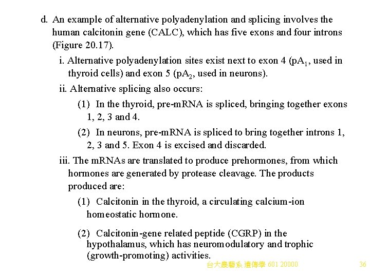 d. An example of alternative polyadenylation and splicing involves the human calcitonin gene (CALC),