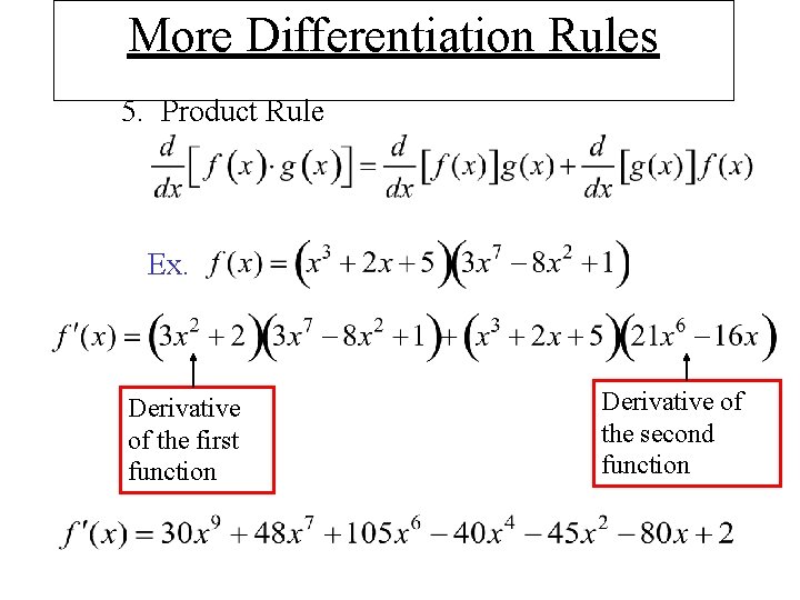 More Differentiation Rules 5. Product Rule Ex. Derivative of the first function Derivative of