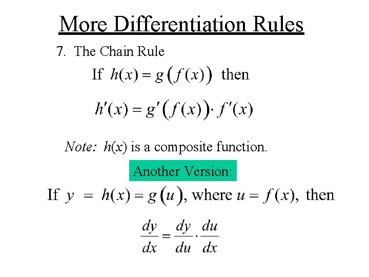 More Differentiation Rules 7. The Chain Rule Note: h(x) is a composite function. Another