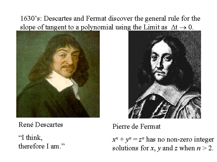 1630’s: Descartes and Fermat discover the general rule for the slope of tangent to