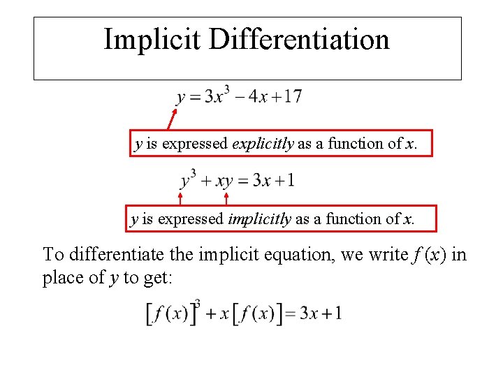 Implicit Differentiation y is expressed explicitly as a function of x. y is expressed