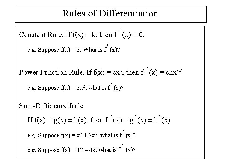 Rules of Differentiation Constant Rule: If f(x) = k, then f ΄(x) = 0.