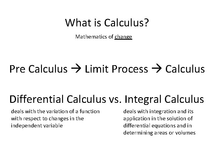 What is Calculus? Mathematics of change Pre Calculus Limit Process Calculus Differential Calculus vs.