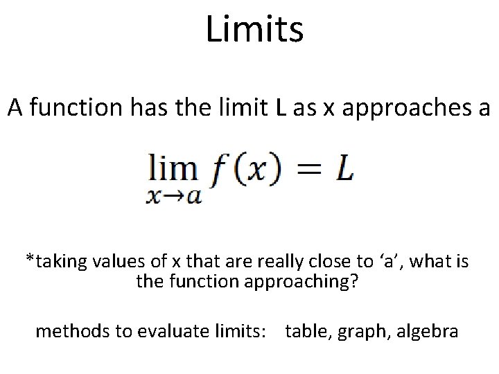 Limits A function has the limit L as x approaches a *taking values of