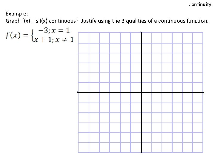 Continuity Example: Graph f(x). Is f(x) continuous? Justify using the 3 qualities of a