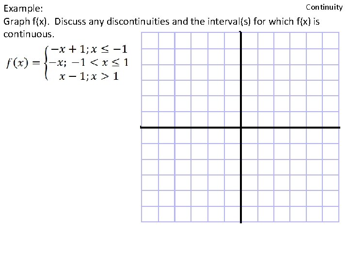 Continuity Example: Graph f(x). Discuss any discontinuities and the interval(s) for which f(x) is