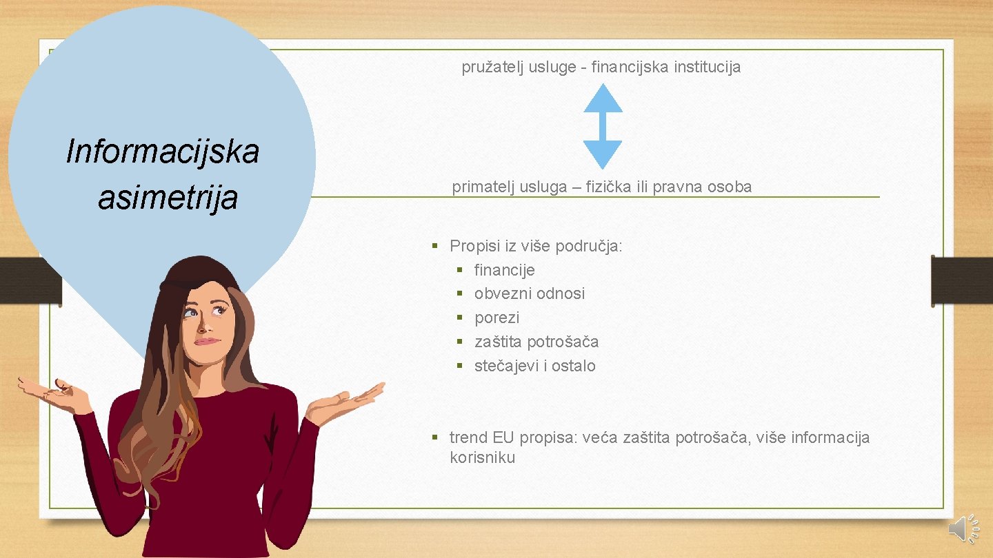 pružatelj usluge - financijska institucija Informacijska asimetrija primatelj usluga – fizička ili pravna osoba