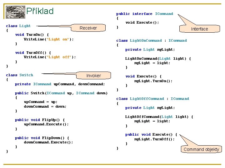 Příklad class Light { void Turn. On() { Write. Line("Light on"); } Receiver void