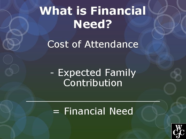 What is Financial Need? Cost of Attendance - Expected Family Contribution ___________ = Financial