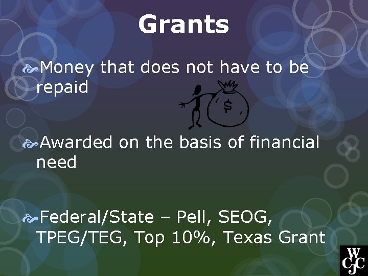 Grants Money that does not have to be repaid Awarded on the basis of