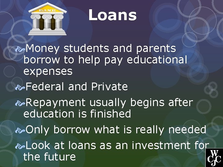 Loans Money students and parents borrow to help pay educational expenses Federal and Private