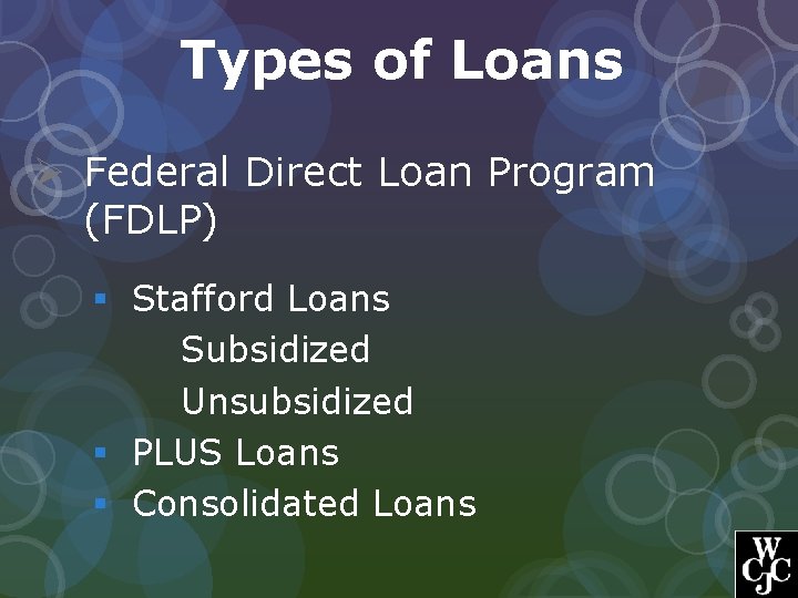 Types of Loans Ø Federal Direct Loan Program (FDLP) § Stafford Loans Subsidized Unsubsidized