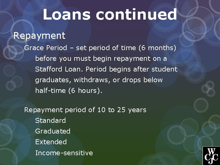 Loans continued Repayment Grace Period – set period of time (6 months) before you