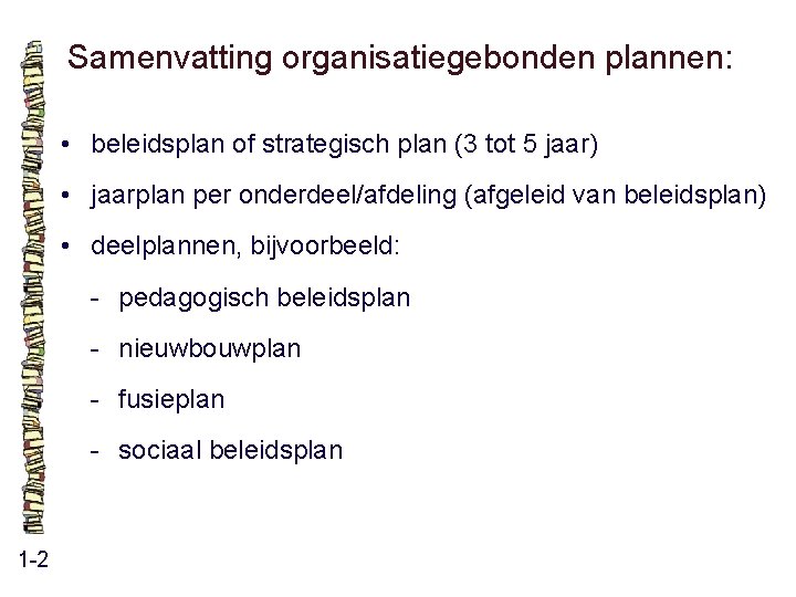 Samenvatting organisatiegebonden plannen: • beleidsplan of strategisch plan (3 tot 5 jaar) • jaarplan Samenvatting organisatiegebonden plannen: • beleidsplan of strategisch plan (3 tot 5 jaar) • jaarplan