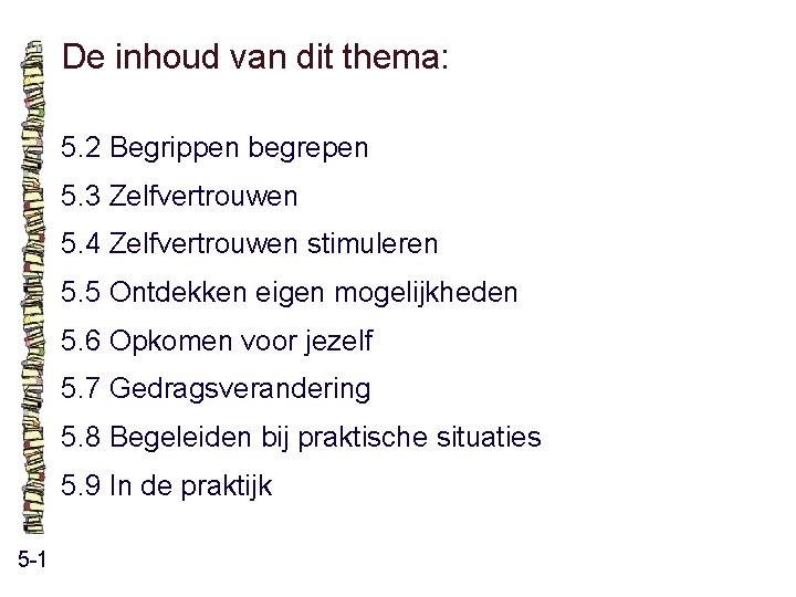 De inhoud van dit thema: 5. 2 Begrippen begrepen 5. 3 Zelfvertrouwen 5. 4 De inhoud van dit thema: 5. 2 Begrippen begrepen 5. 3 Zelfvertrouwen 5. 4