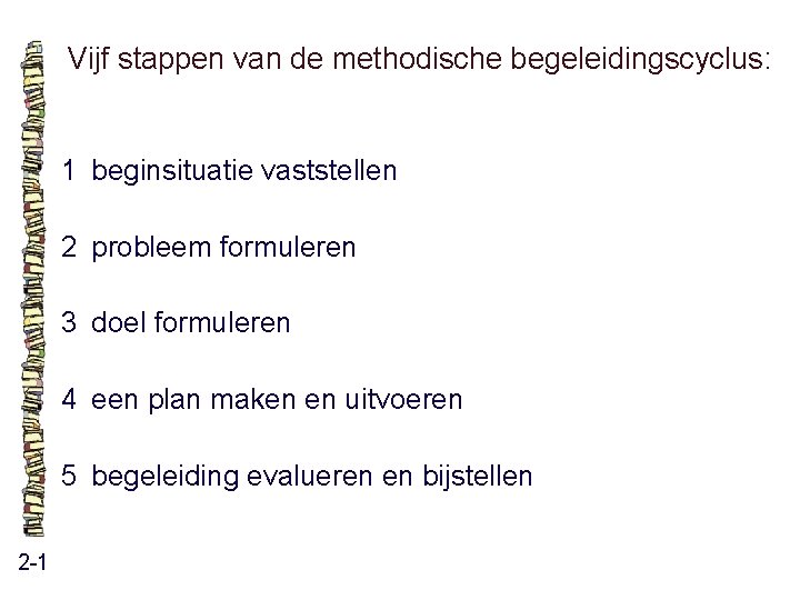 Vijf stappen van de methodische begeleidingscyclus: 1 beginsituatie vaststellen 2 probleem formuleren 3 doel Vijf stappen van de methodische begeleidingscyclus: 1 beginsituatie vaststellen 2 probleem formuleren 3 doel