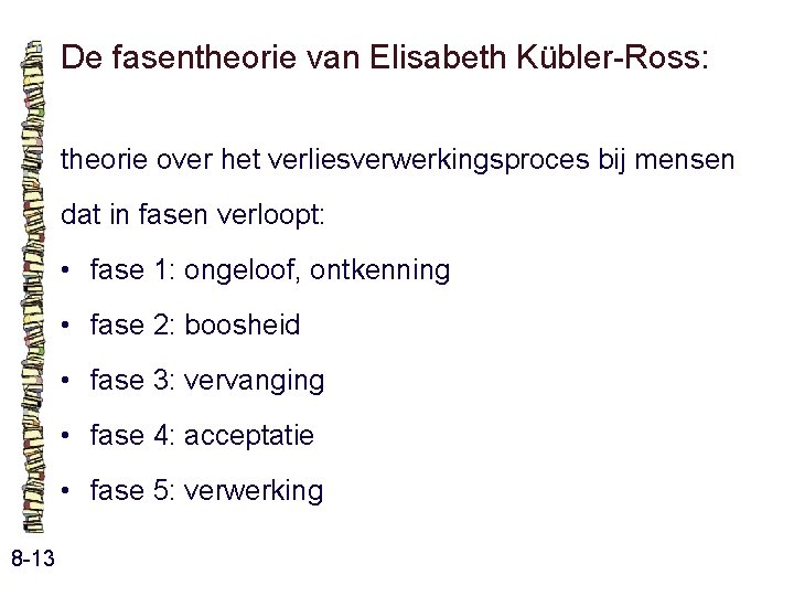 De fasentheorie van Elisabeth Kübler-Ross: theorie over het verliesverwerkingsproces bij mensen dat in fasen De fasentheorie van Elisabeth Kübler-Ross: theorie over het verliesverwerkingsproces bij mensen dat in fasen