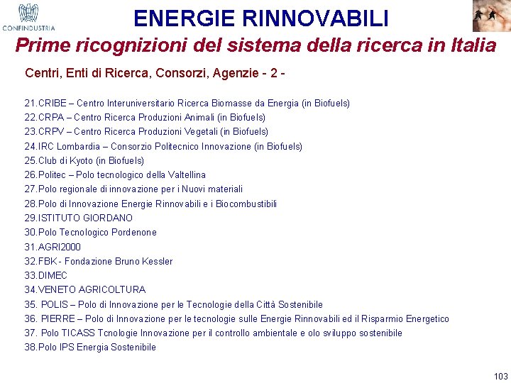 ENERGIE RINNOVABILI Prime ricognizioni del sistema della ricerca in Italia Centri, Enti di Ricerca,