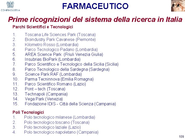FARMACEUTICO Prime ricognizioni del sistema della ricerca in Italia Parchi Scientifici e Tecnologici 1.