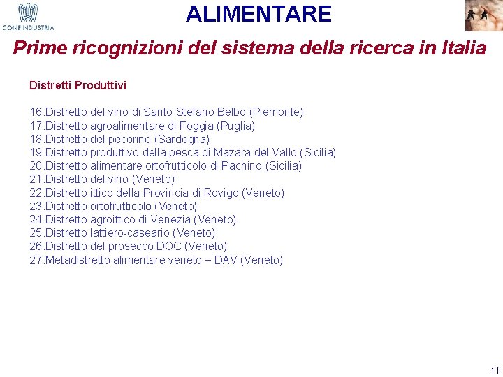 ALIMENTARE Prime ricognizioni del sistema della ricerca in Italia Distretti Produttivi 16. Distretto del