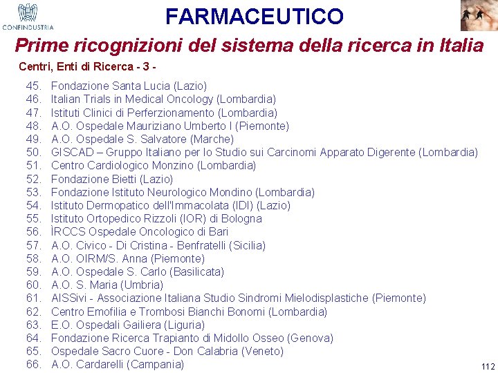 FARMACEUTICO Prime ricognizioni del sistema della ricerca in Italia Centri, Enti di Ricerca -