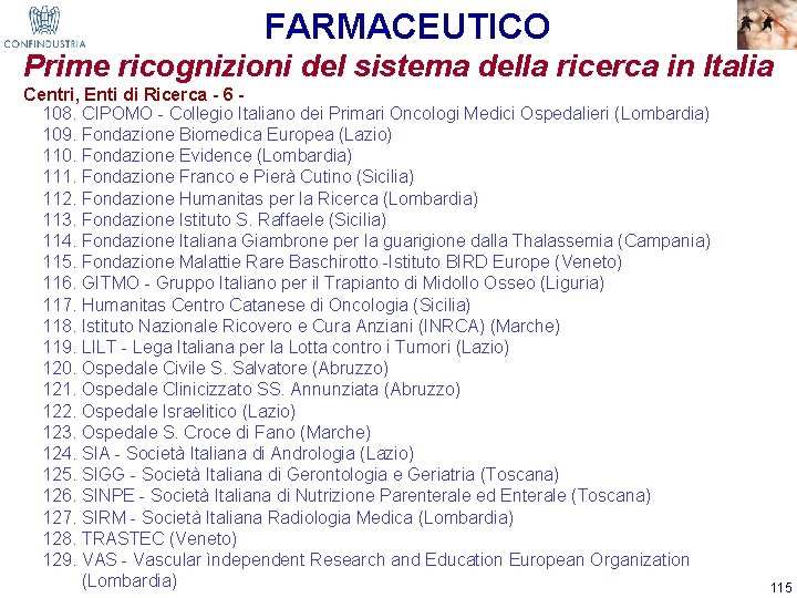 FARMACEUTICO Prime ricognizioni del sistema della ricerca in Italia Centri, Enti di Ricerca -