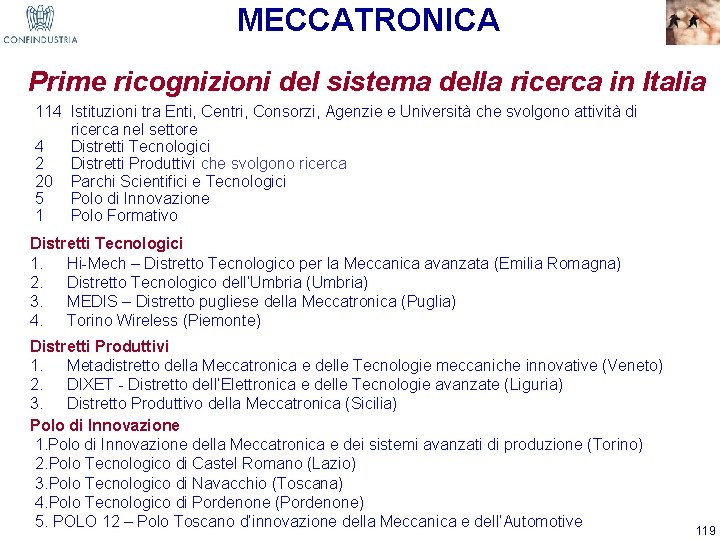 MECCATRONICA Prime ricognizioni del sistema della ricerca in Italia 114 Istituzioni tra Enti, Centri,