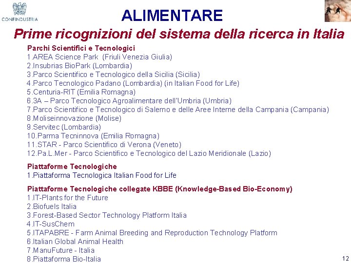 ALIMENTARE Prime ricognizioni del sistema della ricerca in Italia Parchi Scientifici e Tecnologici 1.