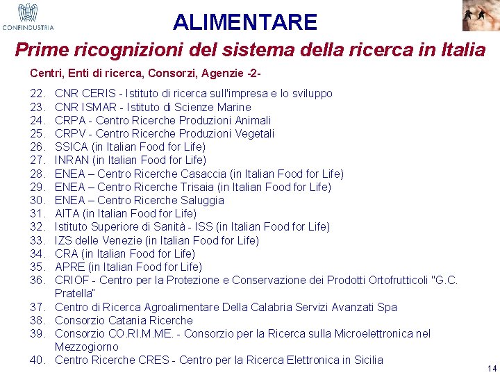 ALIMENTARE Prime ricognizioni del sistema della ricerca in Italia Centri, Enti di ricerca, Consorzi,