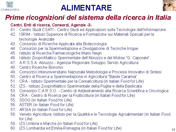 ALIMENTARE Prime ricognizioni del sistema della ricerca in Italia Centri, Enti di ricerca, Consorzi,