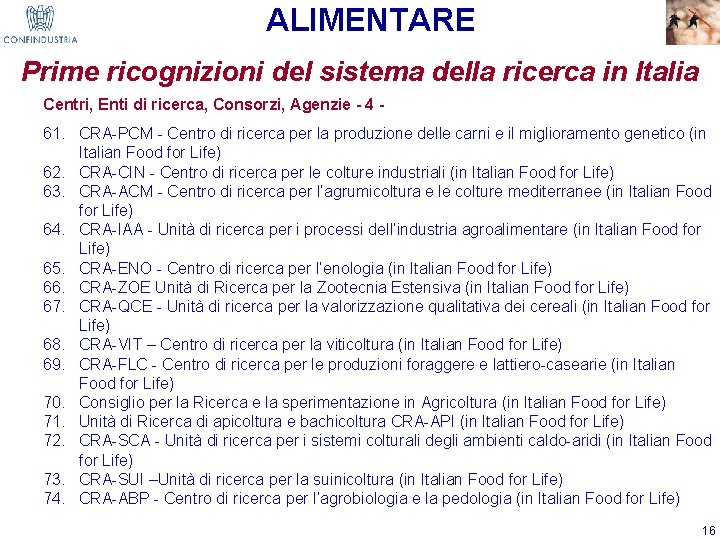 ALIMENTARE Prime ricognizioni del sistema della ricerca in Italia Centri, Enti di ricerca, Consorzi,