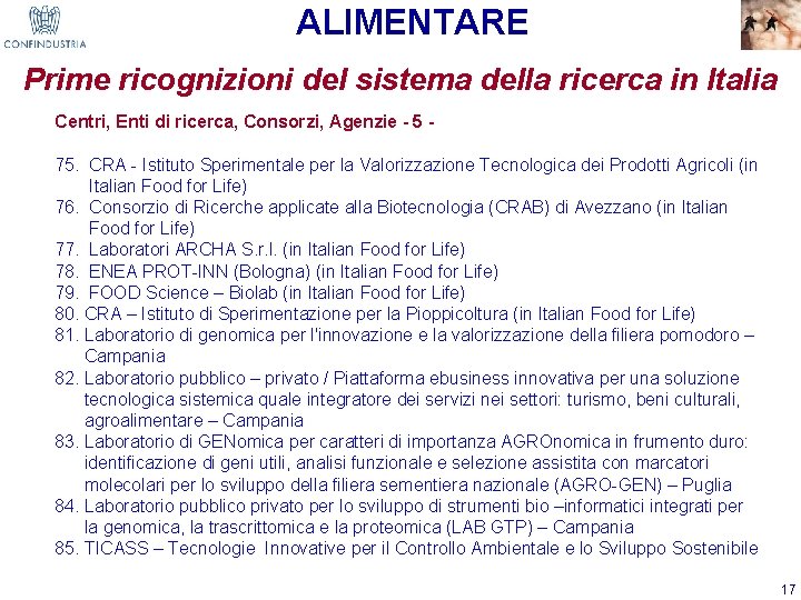 ALIMENTARE Prime ricognizioni del sistema della ricerca in Italia Centri, Enti di ricerca, Consorzi,